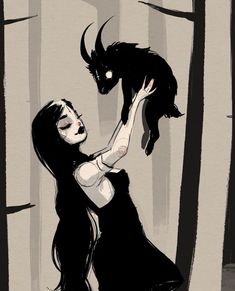 a drawing of a woman holding a black cat in her arms and looking down at the ground