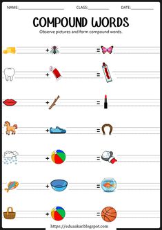 compound words worksheet with pictures to help students learn how to write and use them