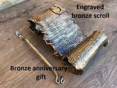 Bronze scroll, 8th anniversary, 19th anniversary, bronze gifts, bronze gift for him, bronze anniversary gifts for men, bronze gift for men                                                                           PERSONALIZED BRONZE GIFTHere is a nice hand hammered bronze scroll on a bronze hanger (you can hang it on a wall), with a horse shoe and a copper wire, with engraving (names, date, text ...). A nice gift for a wedding, 8th wedding anniversary (bronze anniversary), 19th wedding anniversa 19th Wedding Anniversary, Anniversary Gifts For Men, Bronze Anniversary Gifts, 19th Anniversary, 8th Wedding Anniversary, Bronze Anniversary, Bronze Gifts, 8th Anniversary, Couple Items