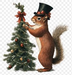 a squirrel with a top hat is decorating a christmas tree, hd png