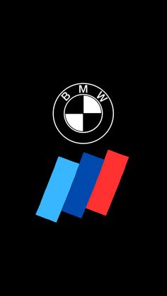 the bmw logo is shown in black and red, with blue stripes on it's side