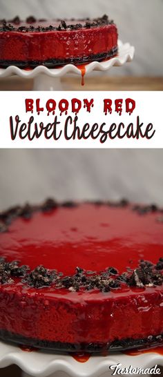 a red velvet cheesecake with chocolate chips on top and the words happy red velvet cheesecake above it