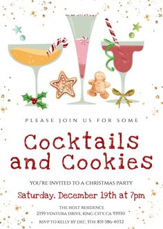 a christmas party flyer with cocktails and cookies on it, including two drinks in glasses