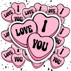 pink hearts with i love you stickers in the middle on a white and black background