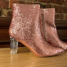 These Rose Gold/Pink Boots Are Perfect For Dressing Up, Parties, And Adding Color And Fun To Any Outfit. They Are Brand New- With Dust Bags And Box, Never Worn. They Have Lucite Heels, And Zipper On The Inside. Original Owner, Smoke Free Home. Heel Height- 3.25 Inches Boot Shaft Height- 5.25 (From Heel To Highest Pt) Lucite Heels, Glitter Boots, Pink Boots, Rose Gold Pink, Shoes Heels Boots, Shoes Women Heels, Heeled Boots, Heel Height, Dust Bag