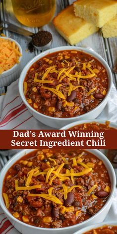 two bowls of chili with cheese on top and bread in the background text reads dad's award winning secret ingredient chili