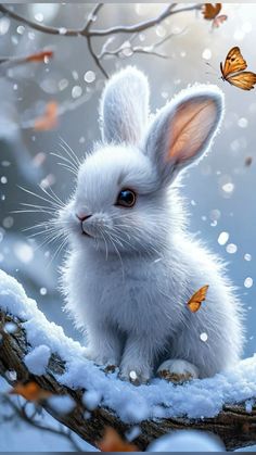 a white rabbit sitting on top of a tree branch in the snow with butterflies flying around