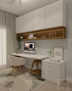 a computer desk with a monitor on top of it next to a white chair and window