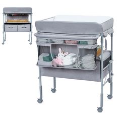 the baby changing table has two drawers on each side and one drawer is open to reveal an infant's diaper