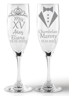 two wine glasses with the names and date on them