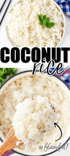 coconut rice in a white bowl with wooden spoon and text overlay that reads coconut rice