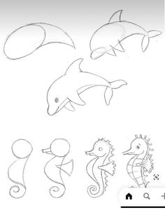 the dolphin and seahorses are drawn in different ways, including one that looks like it