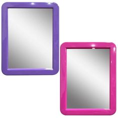 two mirrors with different colors and shapes on each side, one is purple and the other is pink