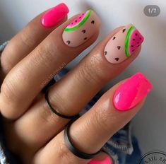 Summer Nails Designs 2023, Fun Summer Nails, Watermelon Nails, Nail Art Summer, Short Acrylic Nails