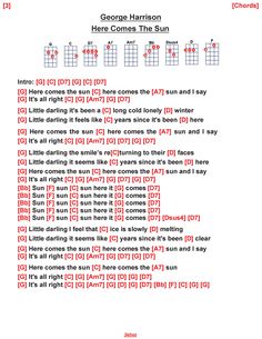 the guitar chords for george harrison's song here comes the sun, which is in red