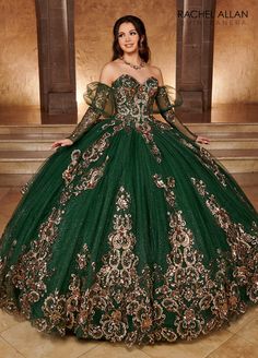 Strapless Puff Sleeve Quinceanera Dress by Rachel Allan RQ3102 – ABC Fashion Fitted Sequin Quinceanera Dress, Detachable Puff Sleeves, Green Quinceanera Dresses, Quinceanera Themes Dresses, Green Quince, Quinceanera Dresses Gold, Pretty Quinceanera Dresses, Quince Dress, Long Prom Gowns