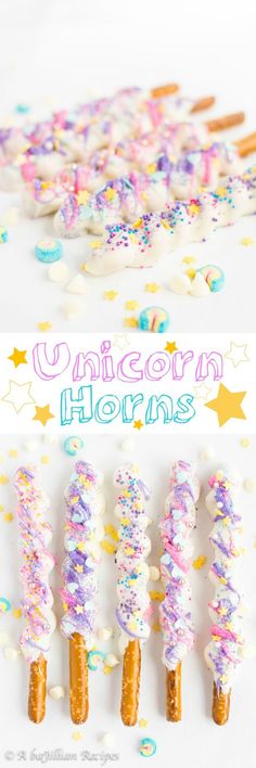 unicorn horns made out of sprinkles and confetti on sticks