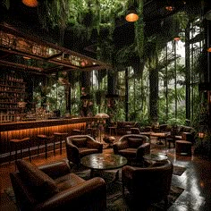 a bar with lots of leather chairs and plants growing on the walls