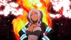 an anime character standing in front of a fire