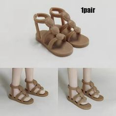 three pictures of shoes and sandals for dolls