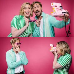 the man and woman are taking pictures with their pink camera while posing for photos together