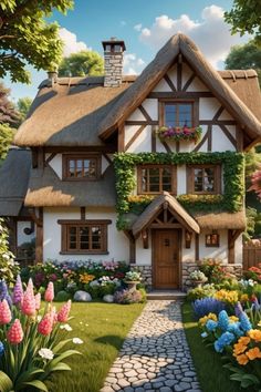 a painting of a house with flowers in the front yard