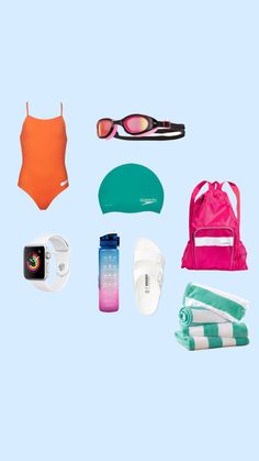 the contents of a swimsuit laid out on a blue background