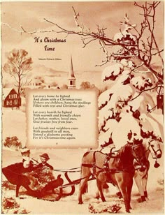 an old fashioned christmas card with two horses pulling a sleigh