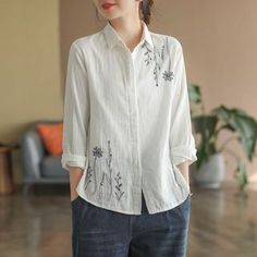 Floral Embroidered Shirt, Cotton Long Sleeve Shirt, Shirt Embroidery, Blouse Material, Pan Collar, Peter Pan Collar