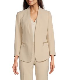 From Anne Klein&#x2C; this jacket features:stretch fabrication collarless neckline wrist length sleevestwo side seam zip closure pockets front button closure approx. 23.5" length polyester/elastane dry clean Imported. Collarless Jacket, Fall Jackets, Dillard's, Anne Klein, Formal Wear, Blazer Jacket, Women's Blazer, Clothing Accessories, Zip Pockets