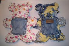 three teddy bears made out of old jeans and denim vests with flowers on them