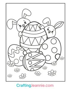 an easter coloring page with three bunny eggs and two rabbits in the grass, one is holding