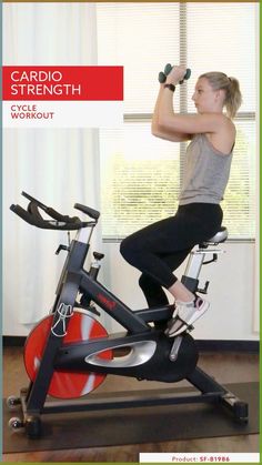 a woman is doing an exercise on a stationary bike with the words cardio strength cycle workout