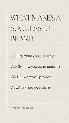 an advertisement with the words, what makes a successful brand vision - what you stand for voice - how you communicate value - what you provide visual - how you share