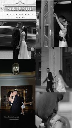 black and white images of people in formal wear, dancing, and posing for pictures