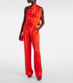 High-rise silk satin wide-leg pants in red - The Sei | Mytheresa Luxury Wide Leg Silk Pants, Chic Silk Wide Leg Formal Pants, Chic Silk Wide Leg Pants For Formal Occasions, Silk Wide Leg Pants For Formal Occasions, Luxury Silk Wide Leg Pants, Luxury Silk Wide Leg Pants For Evening, Red Silk Bottoms For Evening, Chic Red Silk Bottoms, Red Silk Evening Bottoms