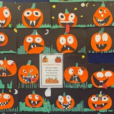 a bulletin board with lots of pumpkins on it