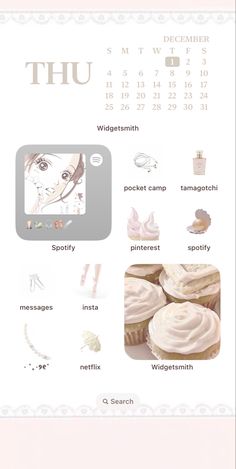 an image of a calendar with different things on it's page, including cupcakes and other items