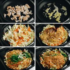 four pictures showing different types of food being cooked