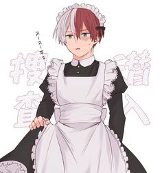 an anime character dressed in white and black with red hair, wearing a dress that has ruffles on it