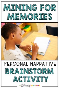 a young boy writing on a notebook with the words personal narrative brainstorm activity