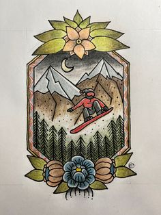 a drawing of a person on a snowboard in the air above mountains and trees