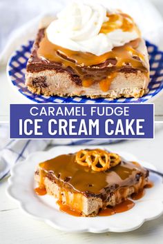 caramel fudge ice cream cake on a plate