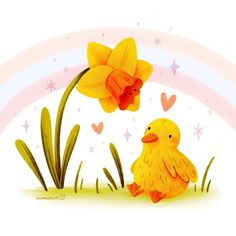 a yellow bird sitting in the grass next to some flowers and a rainbow behind it