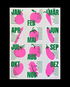 a poster with pink fruit on it that says,'jan - feb / mar '