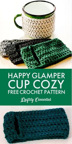 the happy glamper cup cozy crochet pattern is shown in three different colors