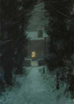 an oil painting of a snowy path leading to a house with a light at the end