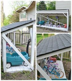 several pictures of a shed with bikes and other things in the back yard on it