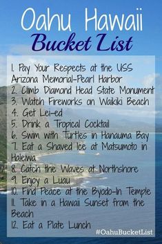 the hawaiian bucket list is shown in blue and white, with text overlaying it