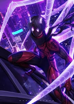 spider - man into the spider verse is shown in an animated scene with purple lights